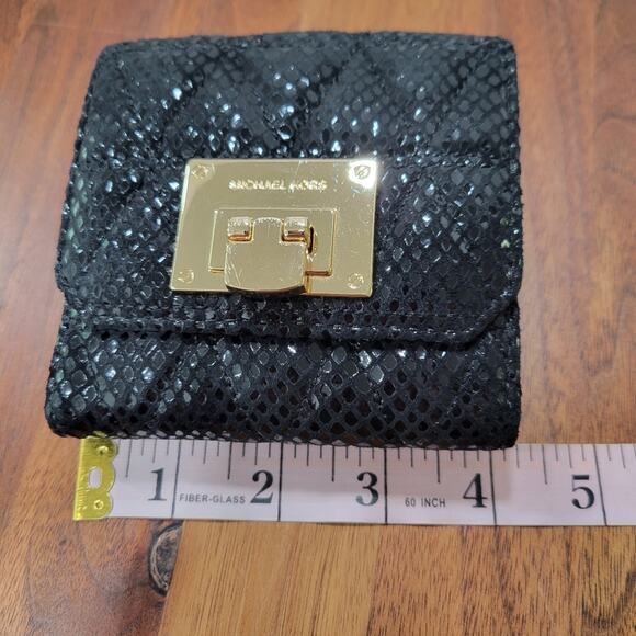 Michael Kors Leather Faux Snakeskin Tri Fold Wallet Card Slots ID Window Gold - Picture 8 of 10